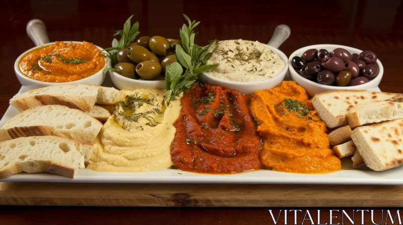 Exquisite Food Platter with Hummus, Olives, and Bread AI Image