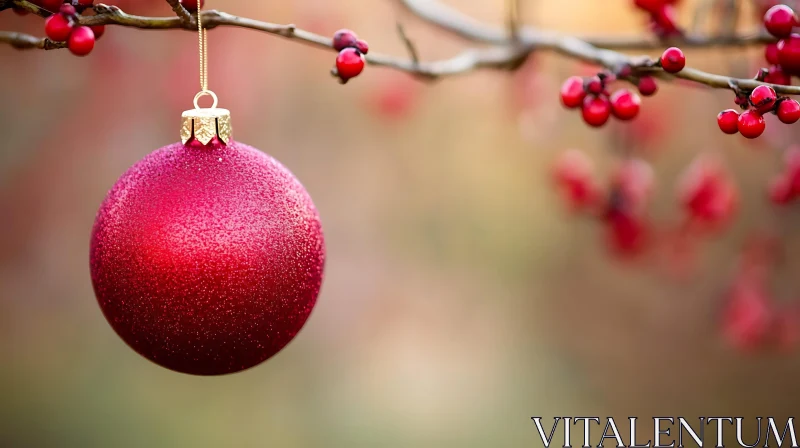 Festive Red Ornament on Branch AI Image