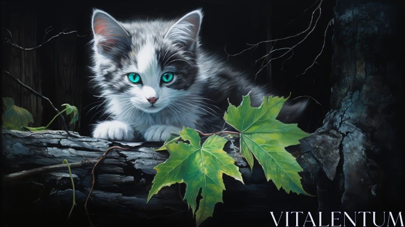 AI ART Gray and White Kitten on Tree Branch Painting