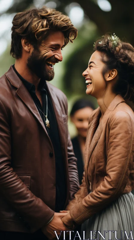 Laughing Couple in Leather Jackets: A Study in Joy and Multiculturalism AI Image