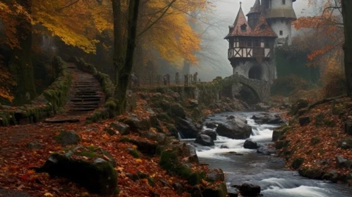 Mysterious Castle by the Stream: A Captivating Autumn Scene