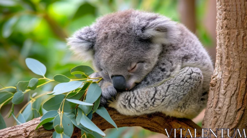 Peaceful Koala Sleeping on Tree Branch | Fluffy Gray Fur AI Image