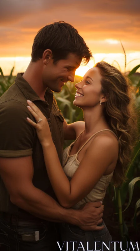 Romantic Embrace in Corn Field at Sunset - Photorealistic Portraits AI Image