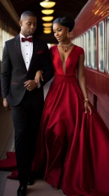Timeless Elegance on Train Tracks - Couple in Crimson