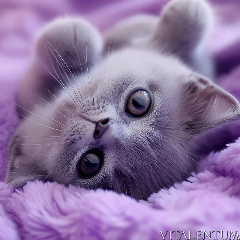 Cute Kitten Relaxing on Soft Purple Blanket AI Image