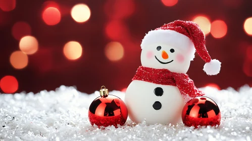 Cheerful Snowman Amidst Christmas Ornaments and Bokeh Lights