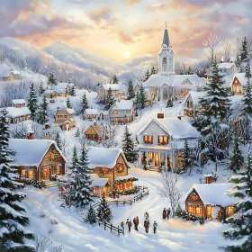 Snowy Village with Festive Christmas Lights