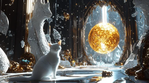 Mystical Surrealism: A White Cat and Floating Golden Sphere