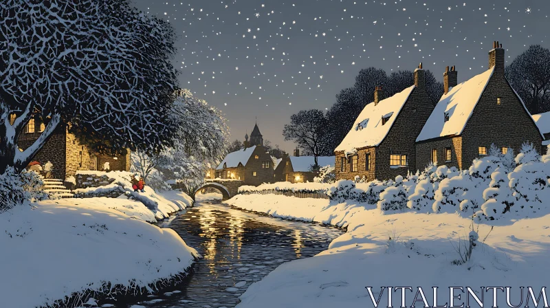 AI ART Winter Night in a Quaint Village