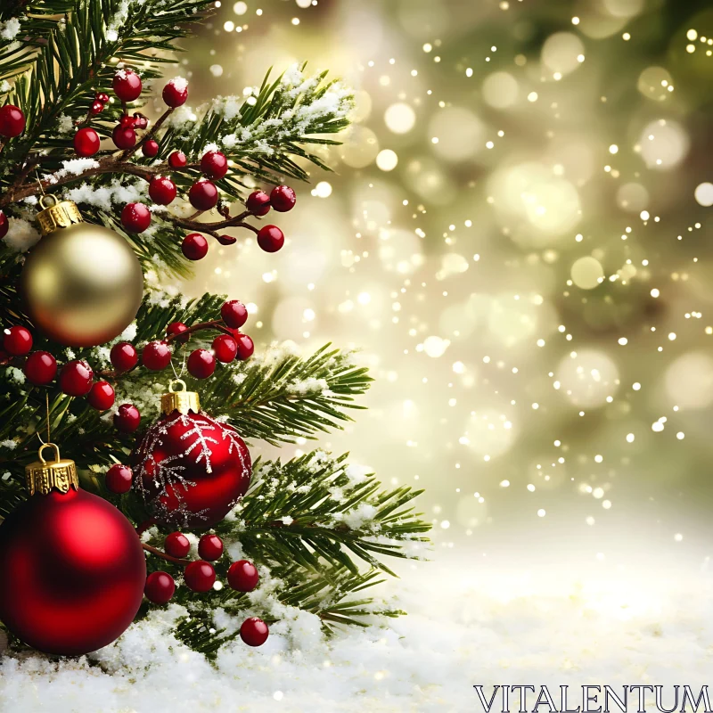 Festive Christmas Tree with Snow and Bokeh Lights AI Image