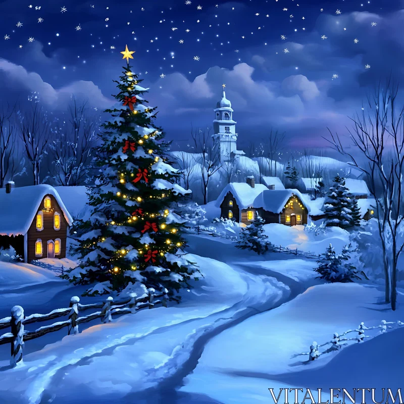 Festive Winter Wonderland in a Serene Village AI Image