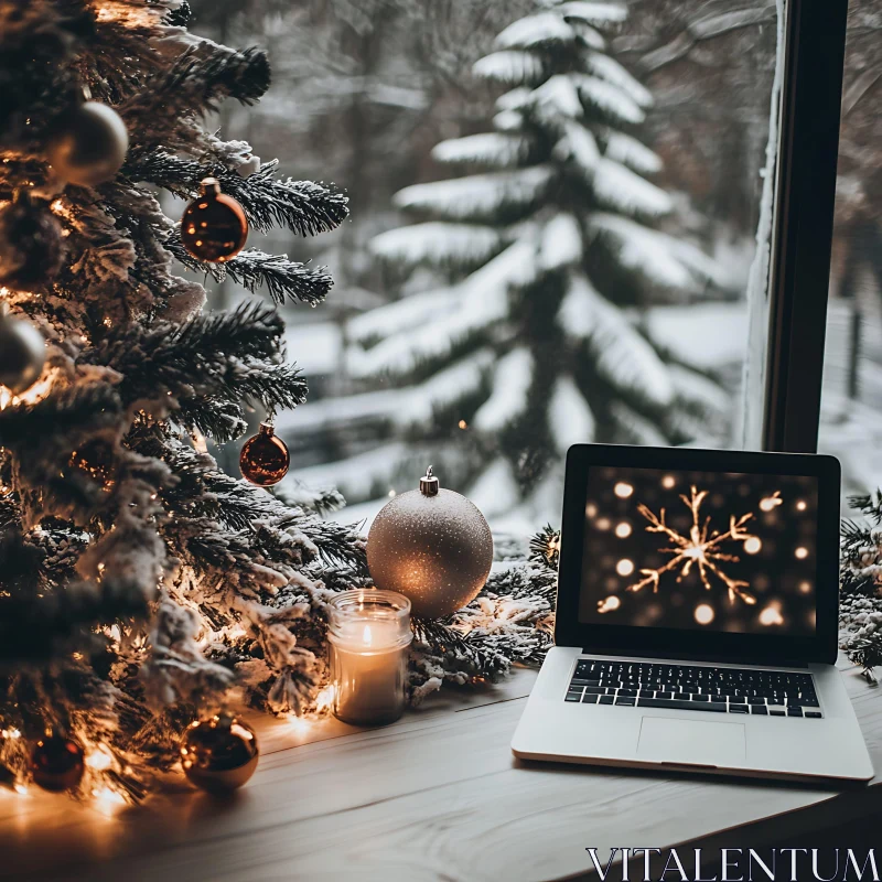 Festive Christmas Tree with Snowy View and Warm Candlelight AI Image