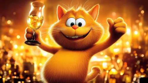 Happy Orange Cartoon Cat with Glass