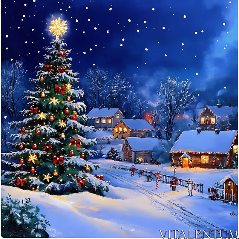 Enchanting Christmas Village Under Falling Snow AI Image