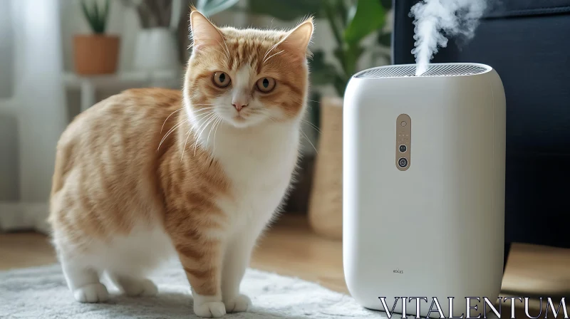 Domestic Cat Stands Curiously Next to a Humidifier AI Image