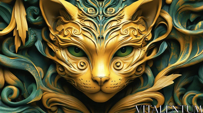 AI ART Detailed Art Nouveau Cat Sculpture in Gold and Teal