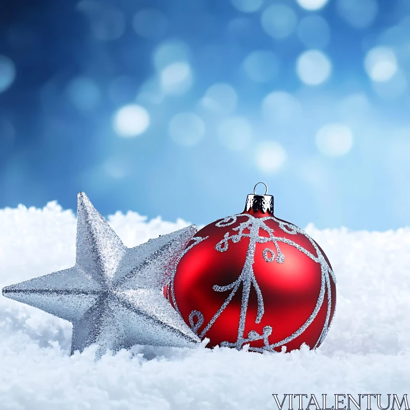 Festive Red Ornament and Silver Star in Snow AI Image