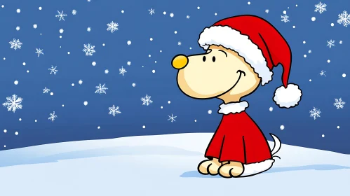 Festive Cartoon Dog with Snowflakes in Santa Outfit