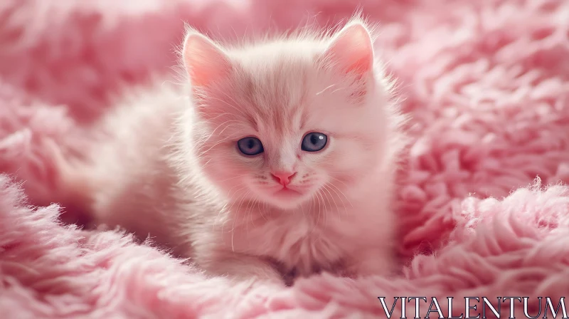 AI ART Adorable Kitten with Blue Eyes Resting on Pink Blanket