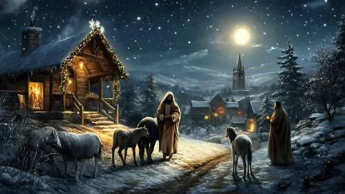 Tranquil Winter Night with Snowy Village and Sheep