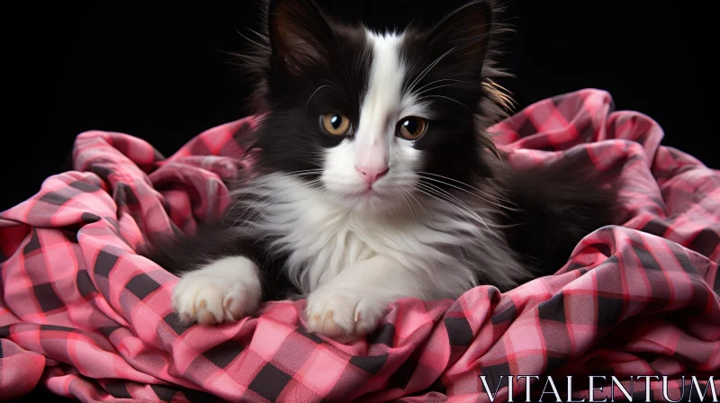 Adorable Black-and-White Kitten in Pink Blanket AI Image