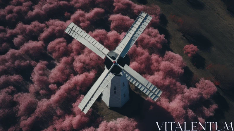Aerial View of Windmill Covered with Pink Cherry Trees AI Image