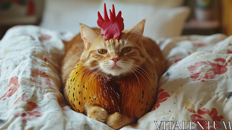 Whimsical Ginger Cat Dressed as Chicken on Floral Bed AI Image