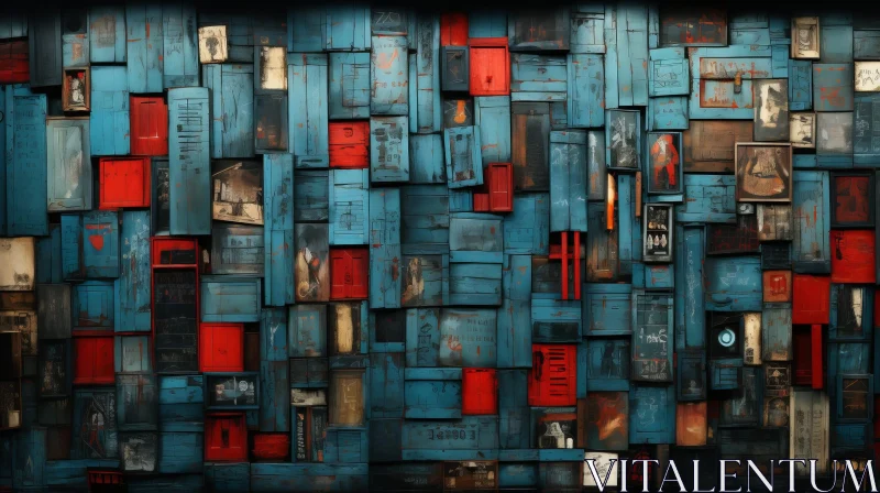 Blue and Red Wooden Wall - Abstract Art AI Image
