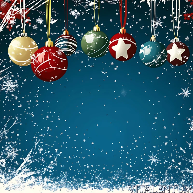 Colorful Christmas Decorations Amidst Snowflakes AI Image