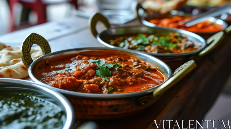 Delicious Indian Food Dishes in Metal Bowls on Wooden Table AI Image