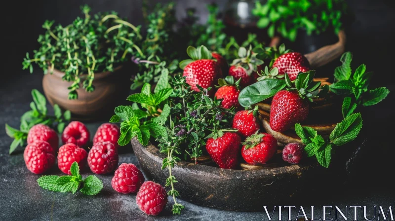 Delicious Still Life of Fresh Strawberries, Raspberries, and Mint AI Image