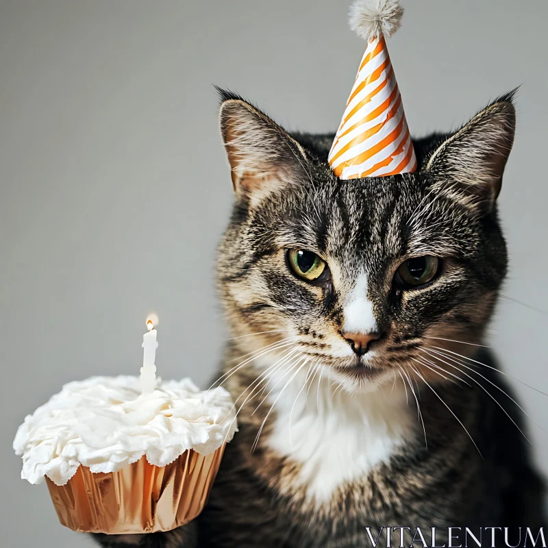 Cat with Party Hat and Cupcake AI Image