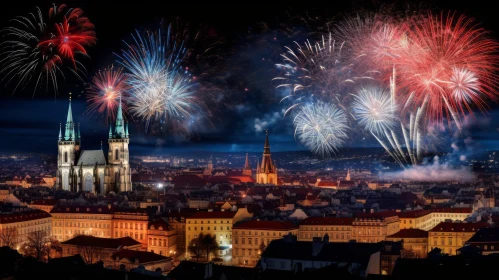 Firework Celebration in Prague: Vibrant Cityscape Illuminated by Patriotic Display