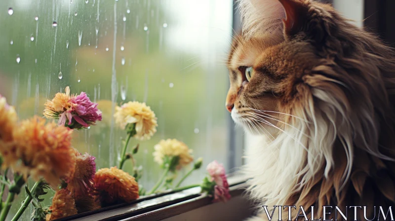 Ginger Cat on Windowsill with Flowers and Raindrops AI Image