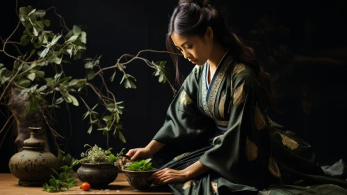 Japanese Woman in Traditional Kimono Planting Herbs - Renaissance Chiaroscuro