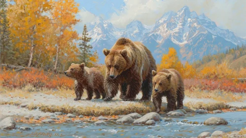 Three Grizzly Bears in Autumn Forest - Captivating Wildlife Art