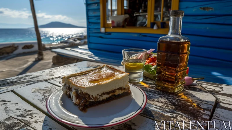 Traditional Greek Dessert with Ouzo on Wooden Table | Seaside Tavern AI Image