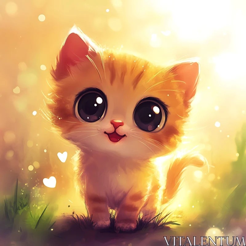 Cute Kitten with Big Eyes and Warm Sunlight AI Image