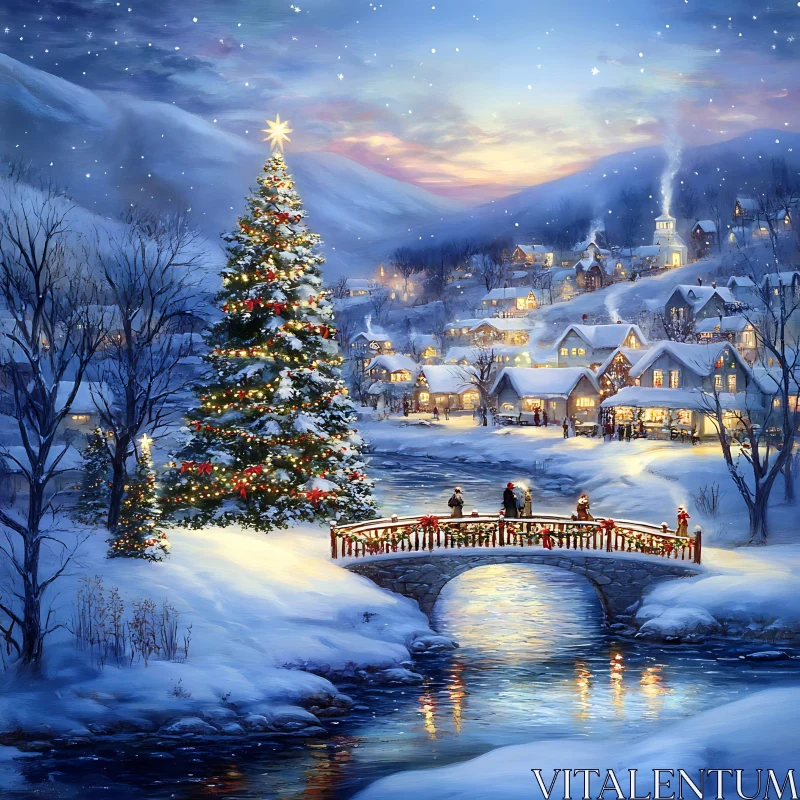 Festive Holiday Scene: Snowy Village with a Christmas Tree AI Image