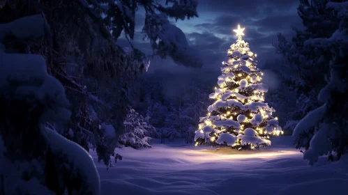 Glowing Christmas Tree Adorned with Lights in Snow