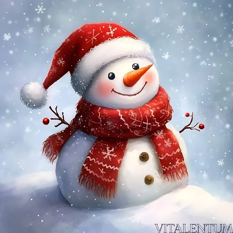 Festive Snowman with Red Hat and Scarf AI Image