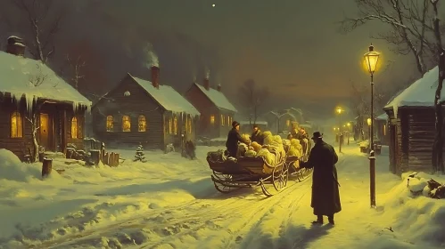 Tranquil Winter Village with Horse-Drawn Sleigh