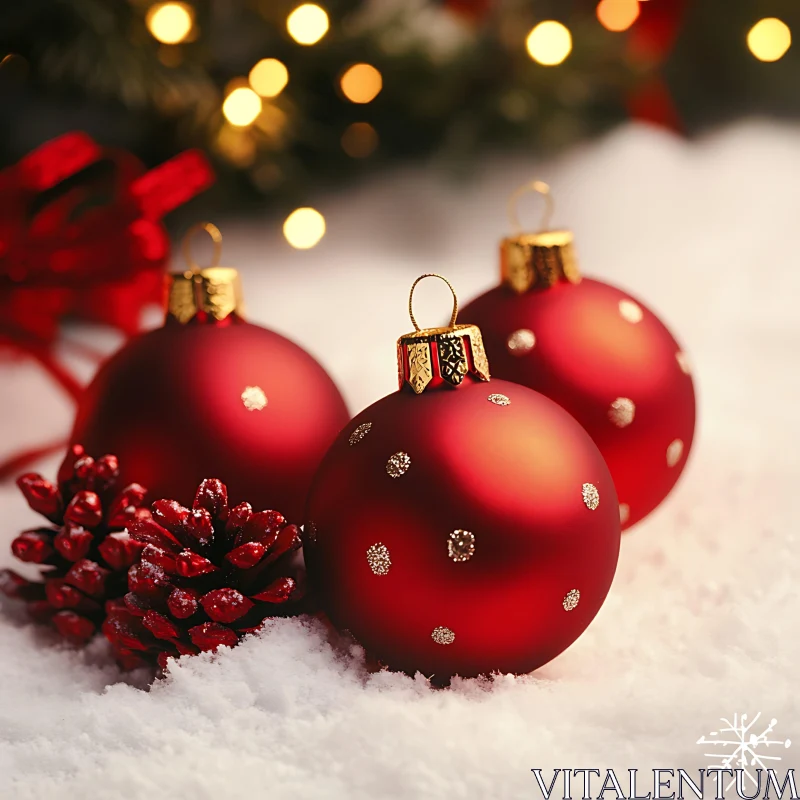 Festive Red Christmas Decorations with Snow AI Image