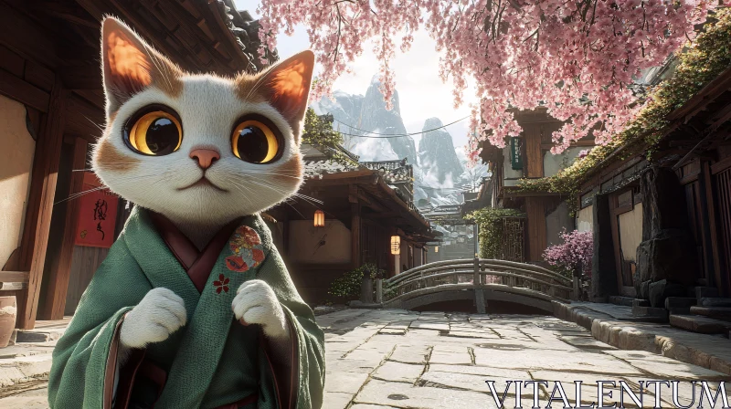 Anthropomorphic Cat in Green Kimono in Japanese Setting AI Image