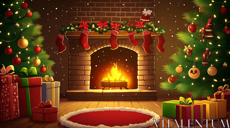 AI ART Warm Holiday Fireplace and Decorated Christmas Trees