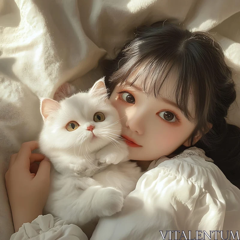 Girl with White Cat Portrait AI Image