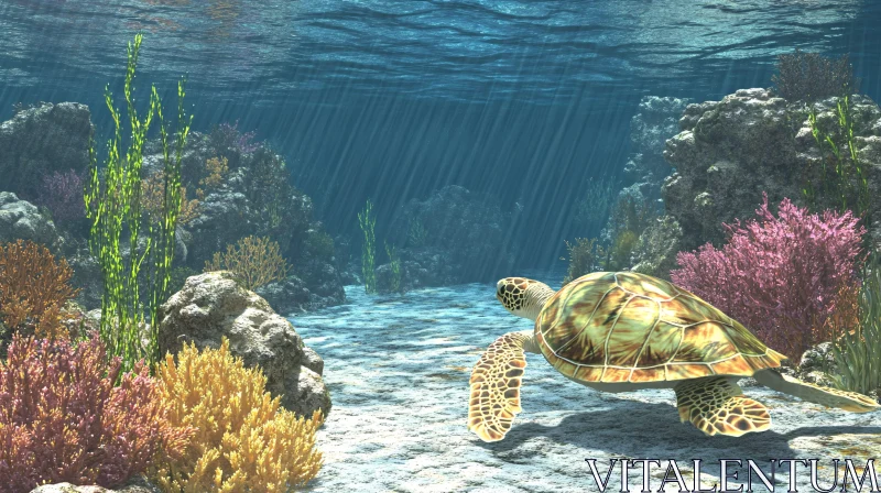 Sea Turtle Swimming in a Vibrant Coral Reef AI Image