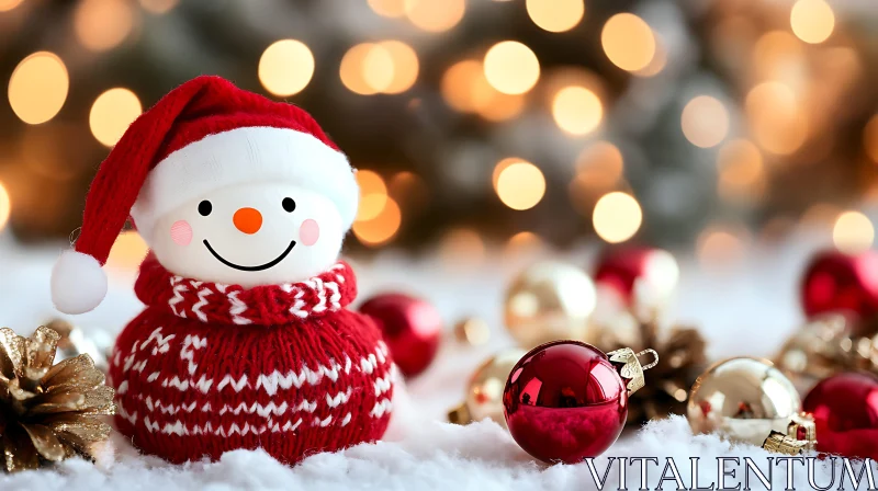 Festive Snowman with Holiday Ornaments and Warm Lights AI Image