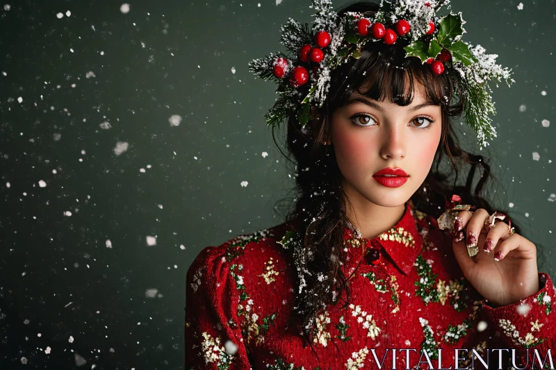 Holiday-Themed Woman Portrait in Snow AI Image