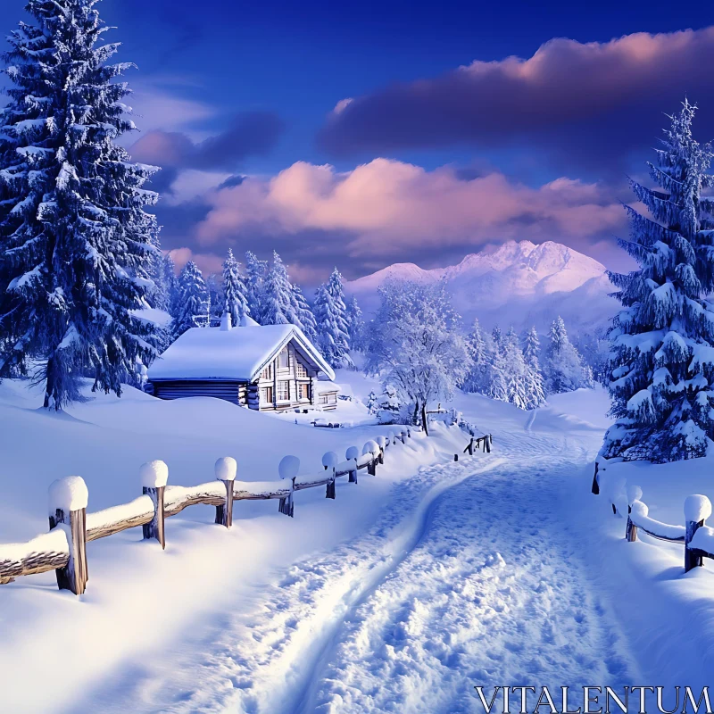 Peaceful Winter Scene with Snow-Covered Cabin AI Image